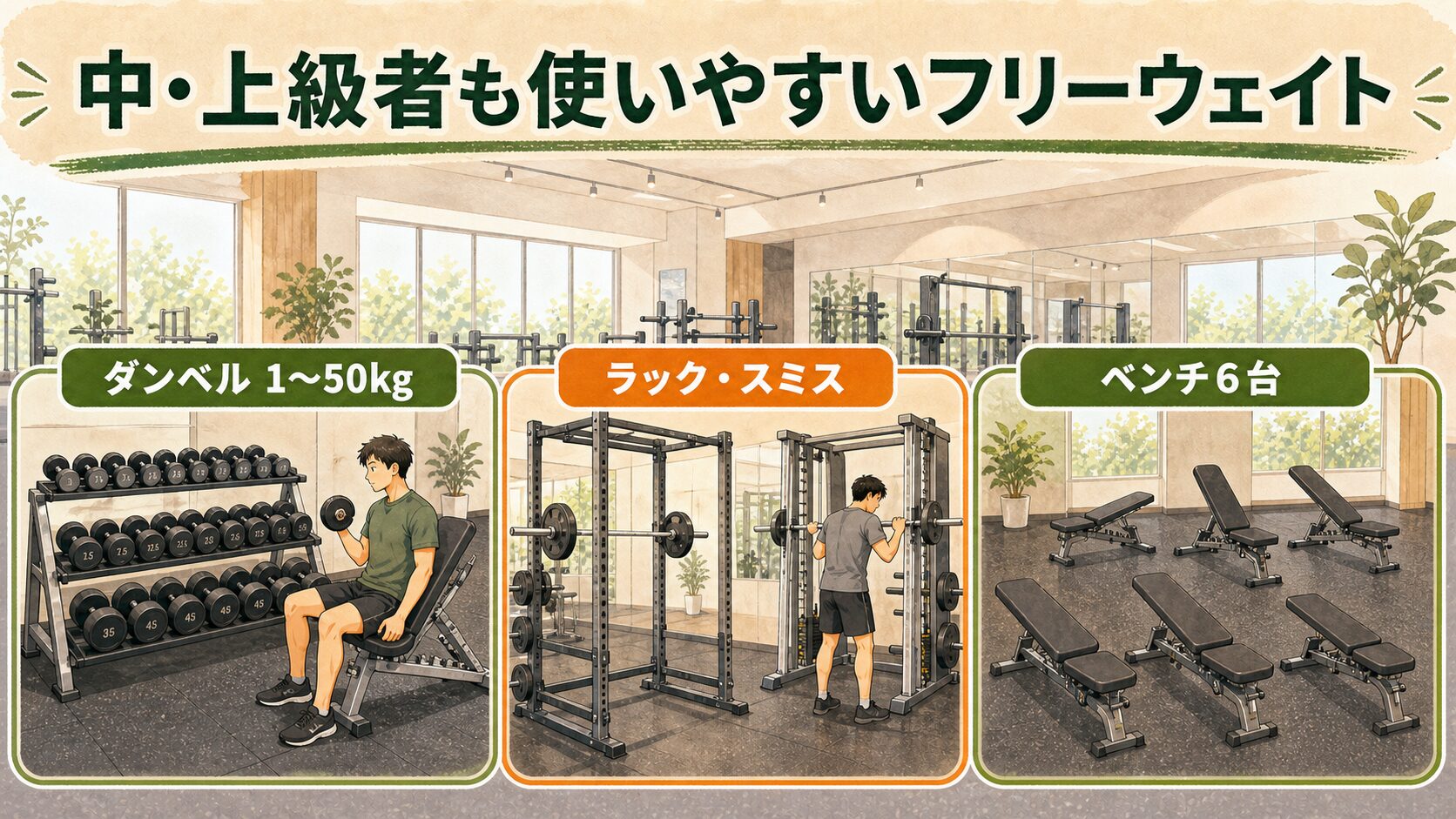 ECOFIT24今池店のフリーウェイトは中・上級者も使える構成