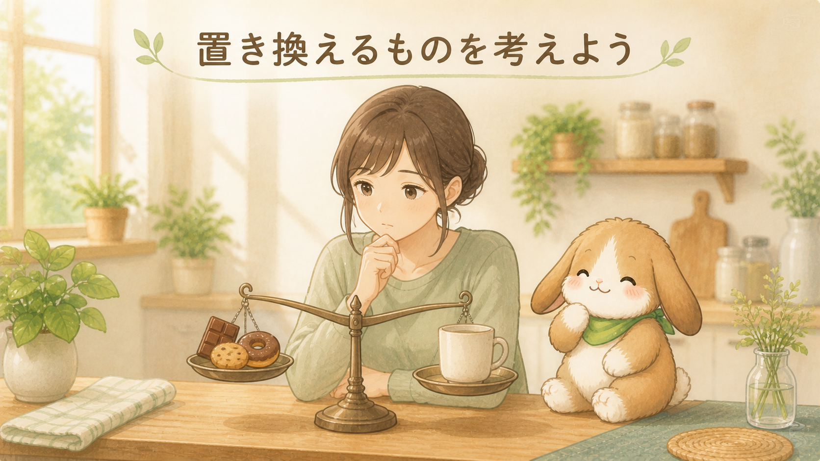 置き換えるものを考える女性とポテちゃん