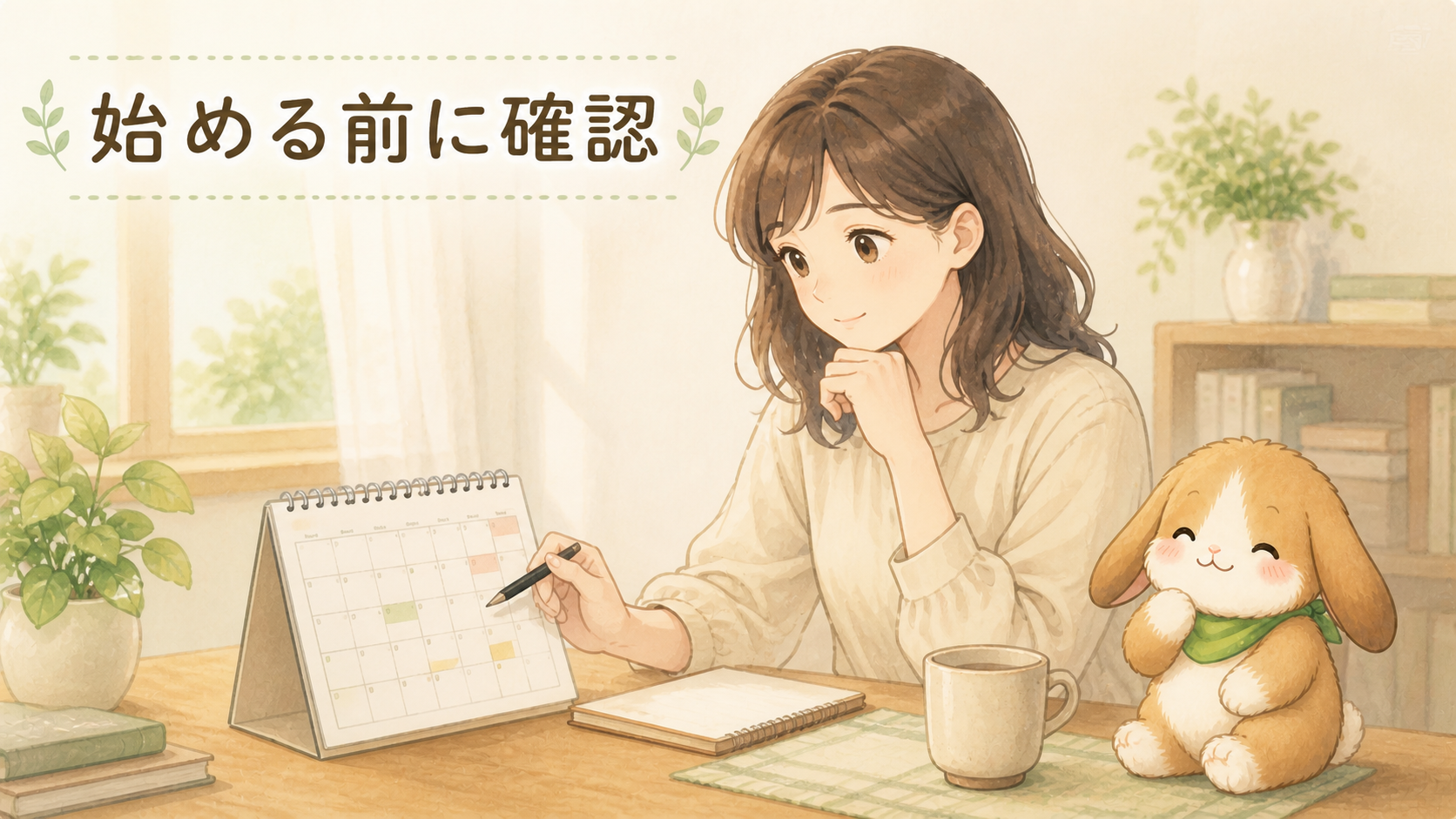 始める前に確認する女性とポテちゃん