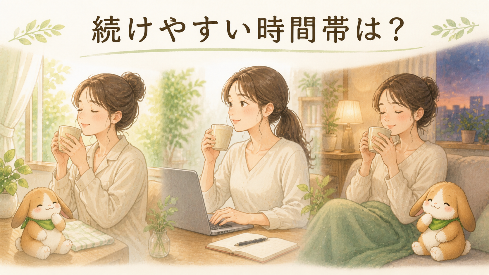 続けやすい時間帯を考える女性とポテちゃん