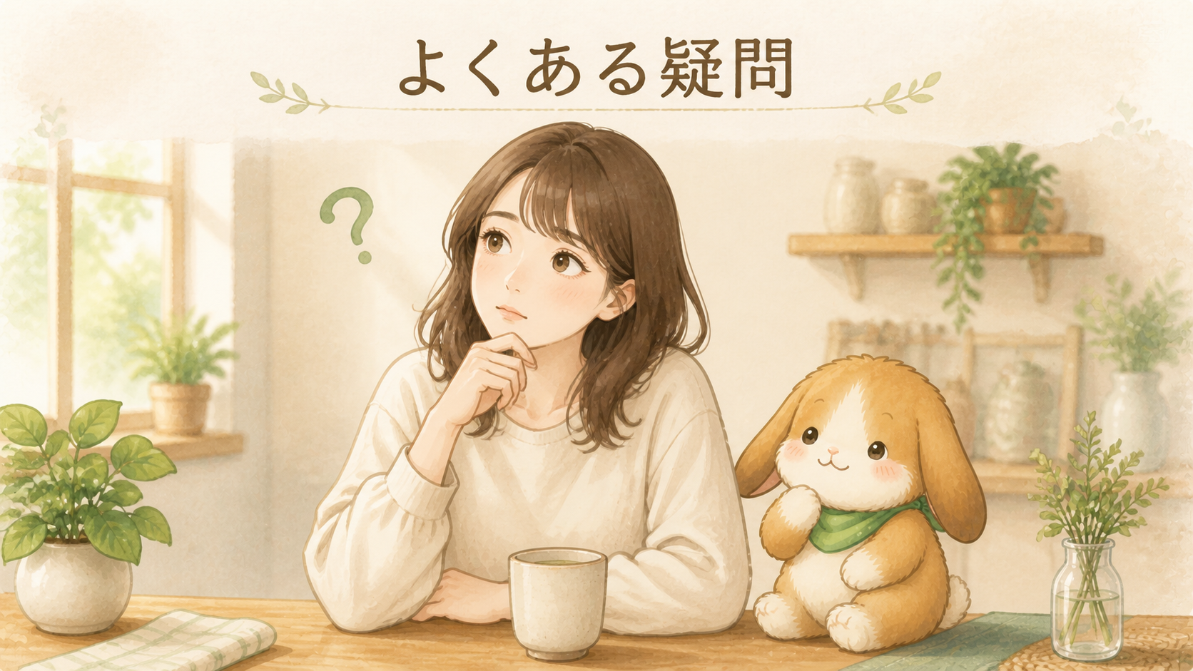 よくある疑問を考える女性とポテちゃん