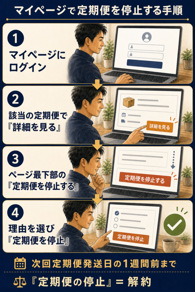 マイページで定期便を停止する4ステップ