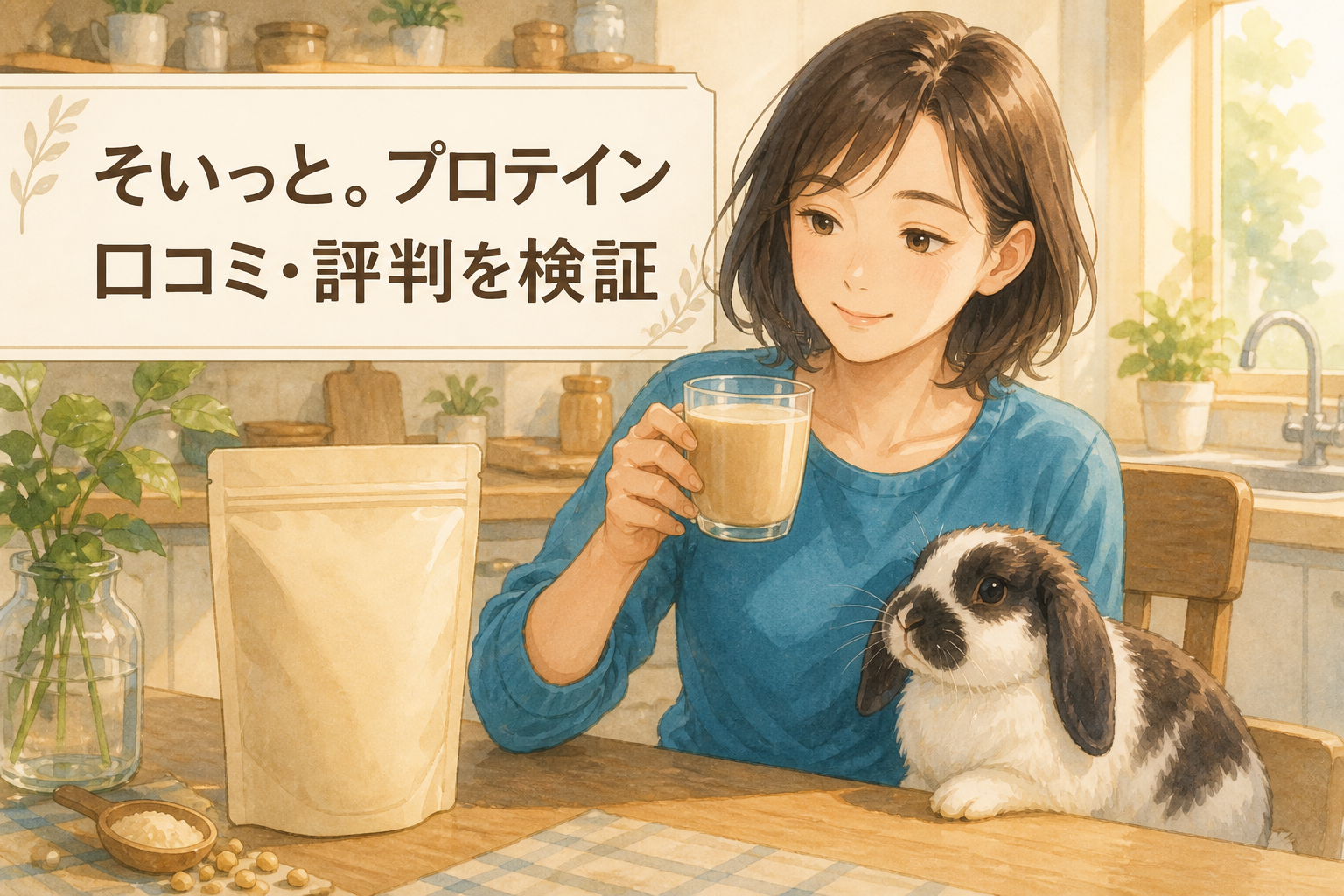 そいっと。プロテインの口コミ・評判を検証する女性とポテちゃん