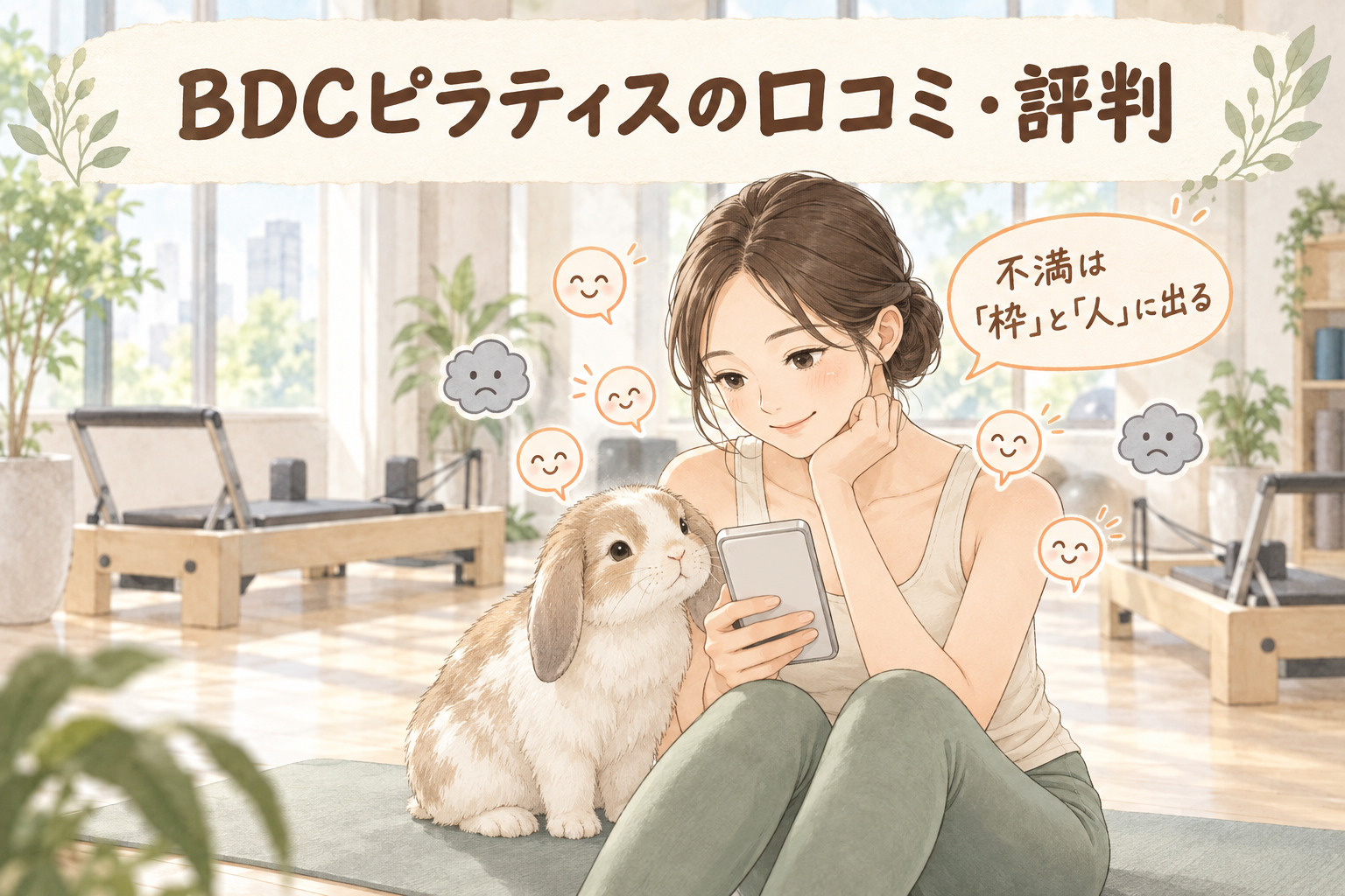 BDCピラティスの口コミ・評判を確認する女性とポテちゃん
