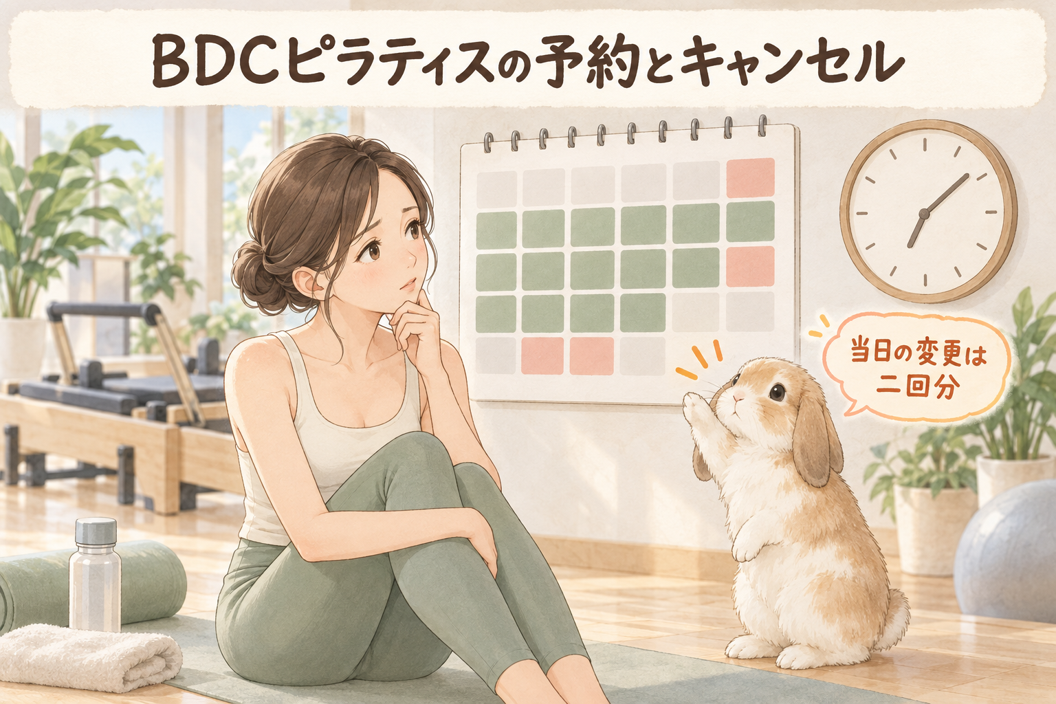 BDCピラティスの予約とキャンセルのルールを確認するイラスト