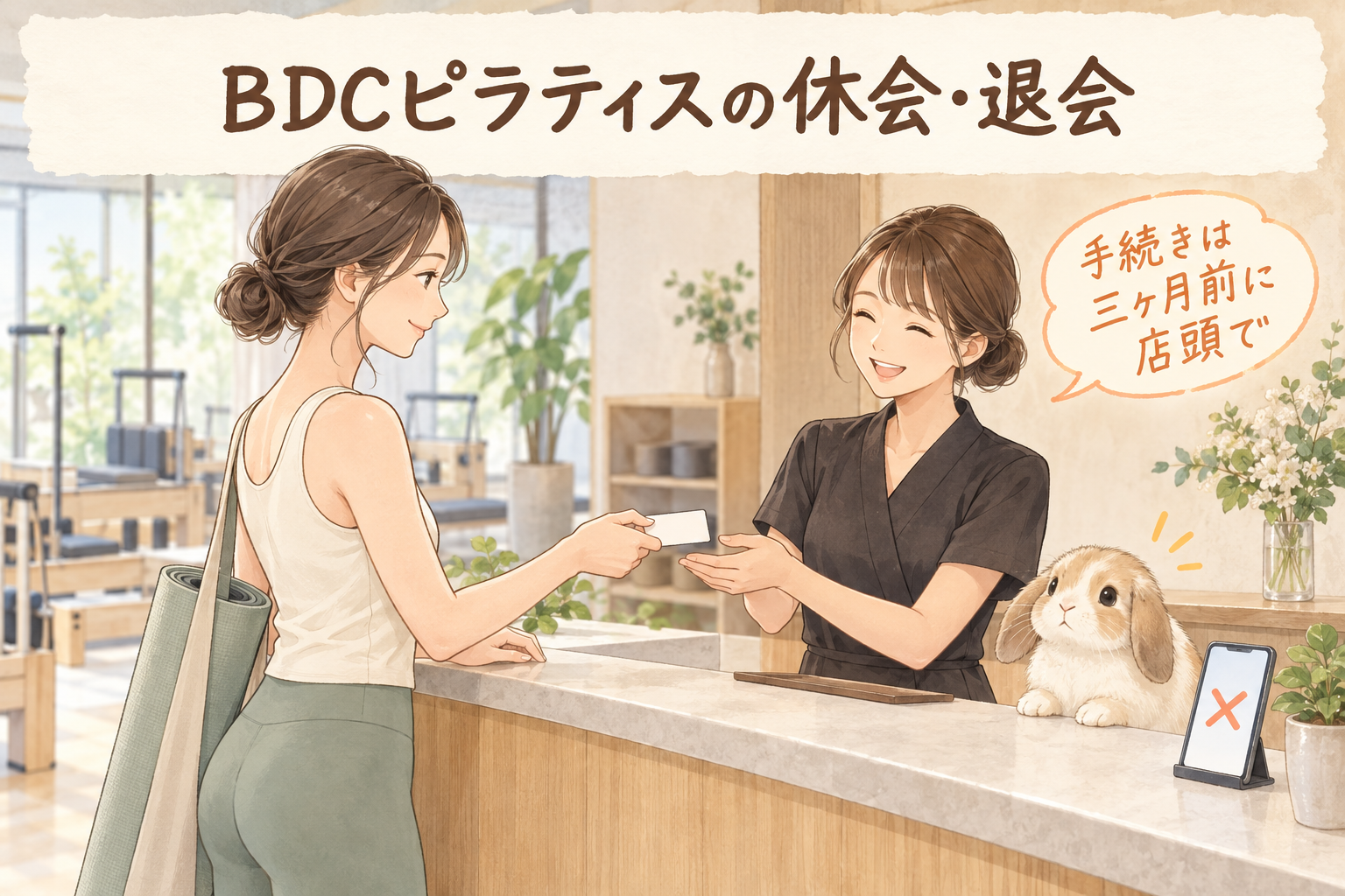 BDCピラティスの休会と退会の手続きを確認するイラスト