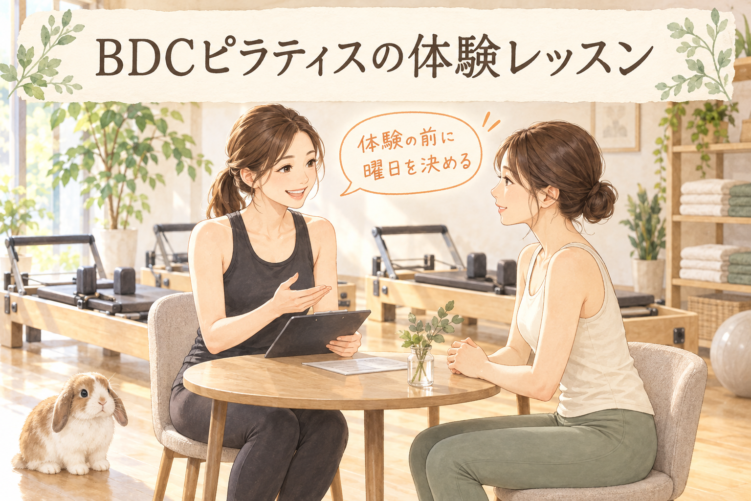 BDCピラティスの体験レッスンの流れを確認するイラスト