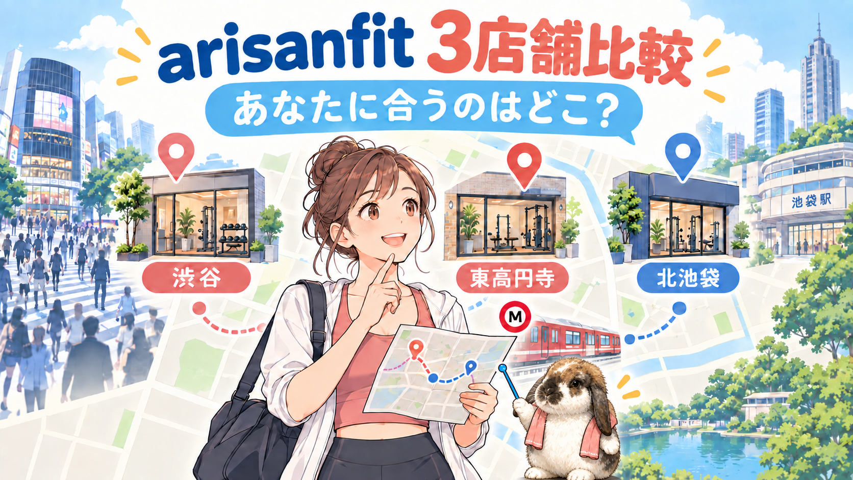 arisanfitの渋谷・東高円寺・北池袋3店舗を比較するポテちゃん入りイラスト