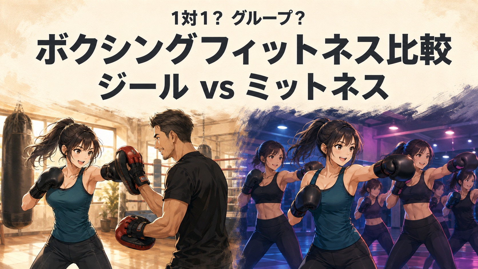 ジールの1対1レッスンとミットネスのグループレッスンを比較するイラスト