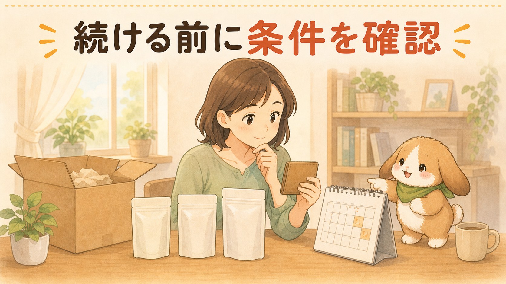 解約期限をカレンダーで確認する筋トレ女子とポテちゃん