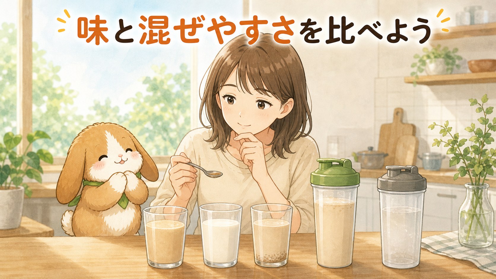 3商品を飲み比べる筋トレ女子とポテちゃん