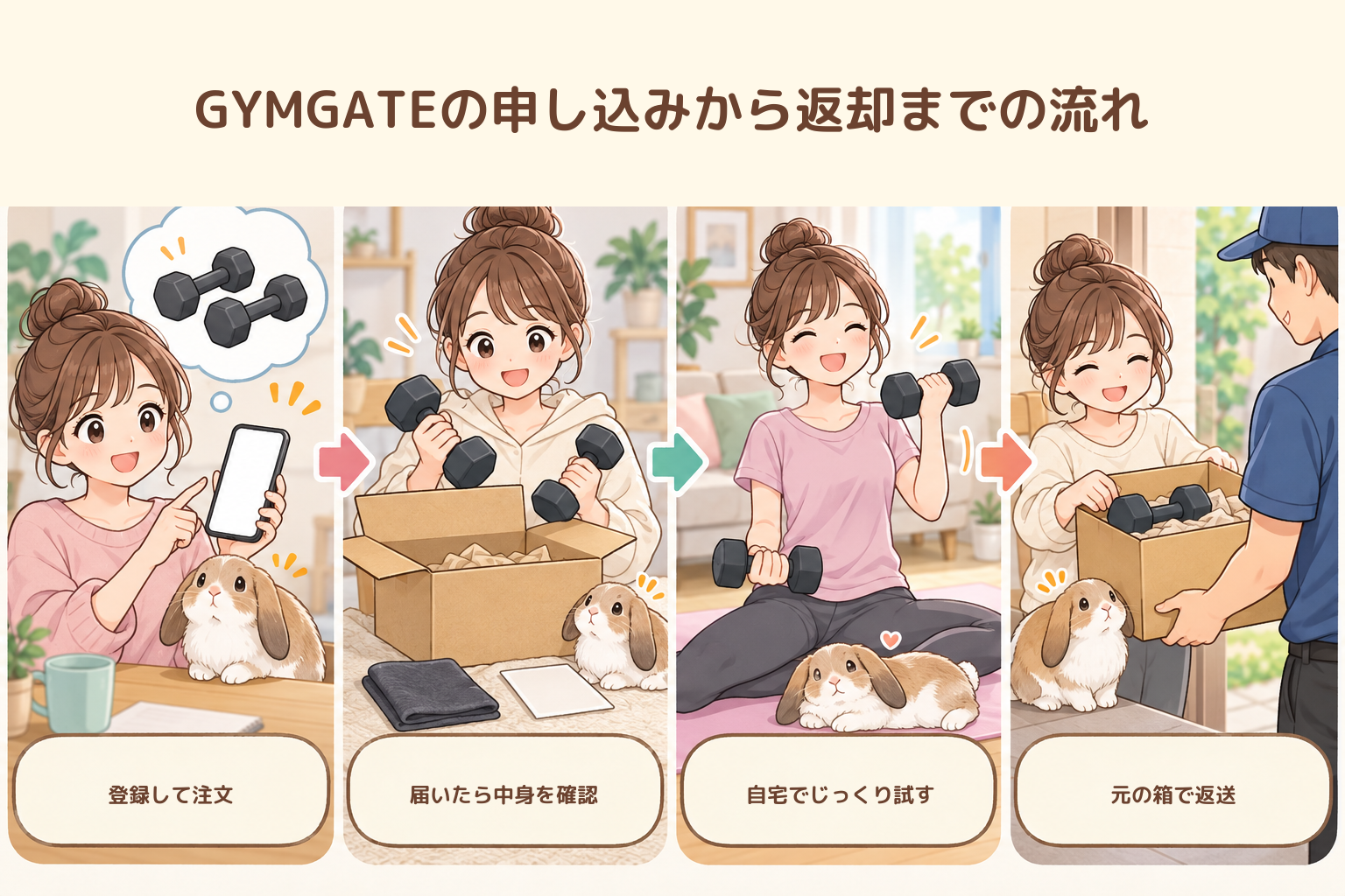 GYMGATEの申し込みから返却までの流れを4コマで示した図