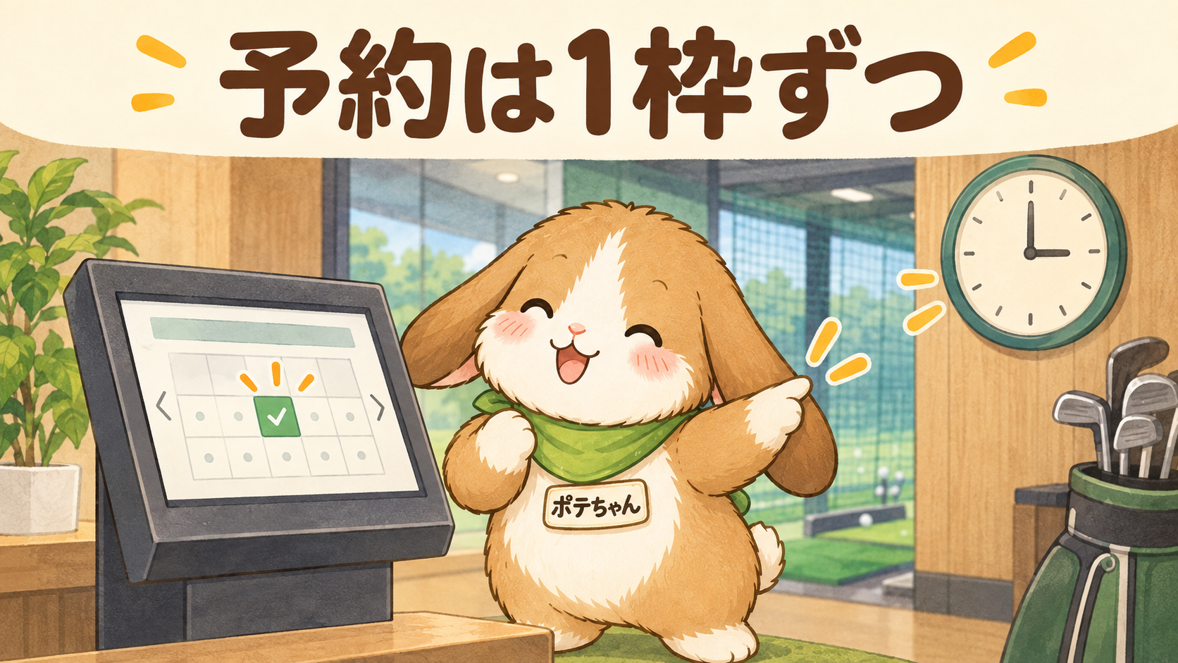 FiT24インドアゴルフの予約ルールを確認するポテちゃん