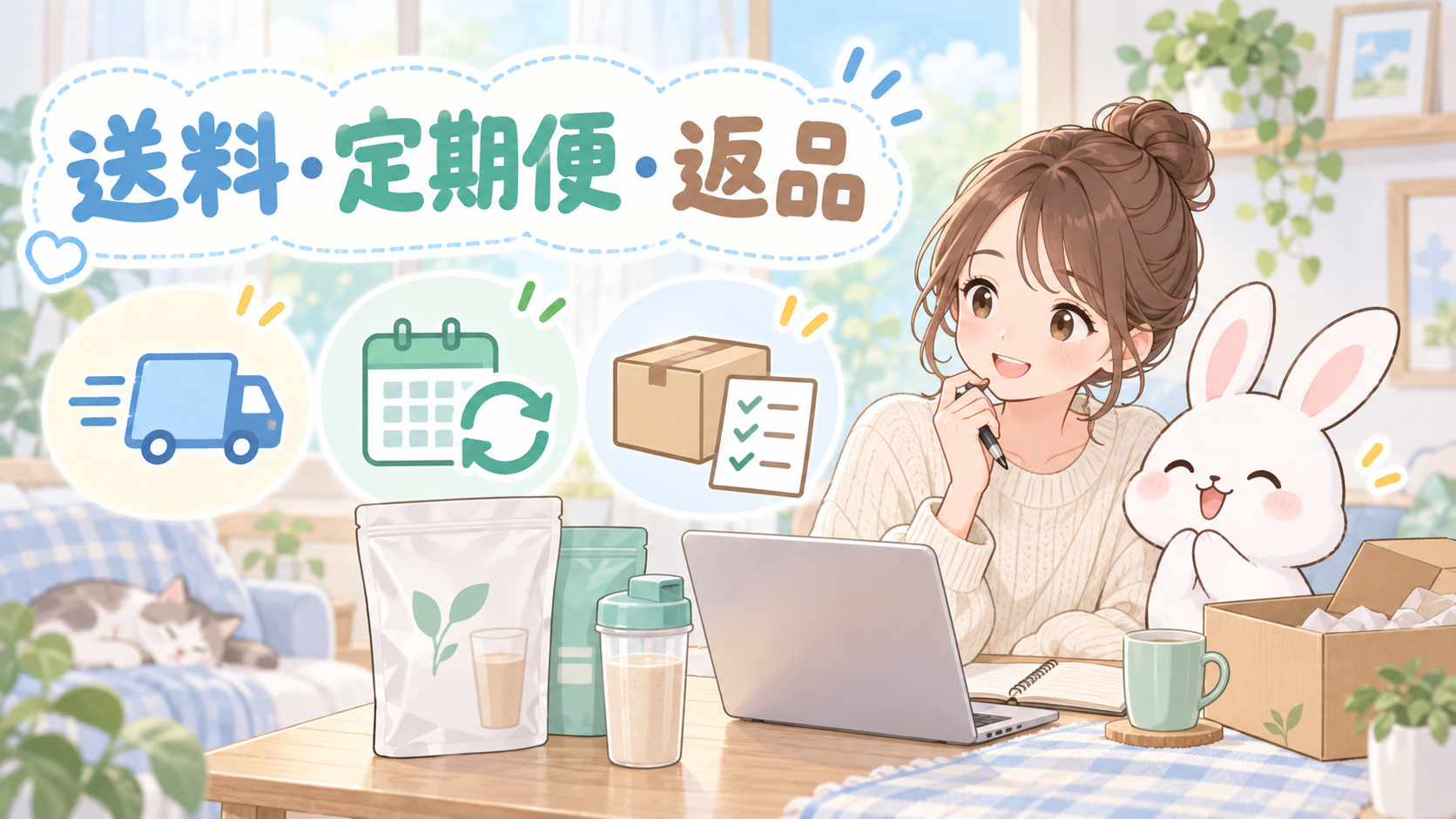 ULTORAの送料と定期便、返品条件を表すアニメイラスト