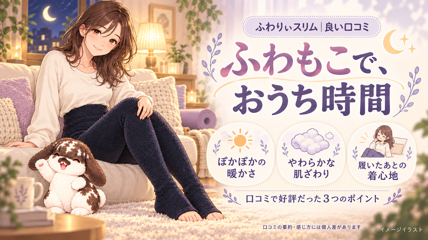 ふわりぃスリムの良い口コミ：ぽかぽかの暖かさ、柔らかな肌ざわり、履いたあとの着心地