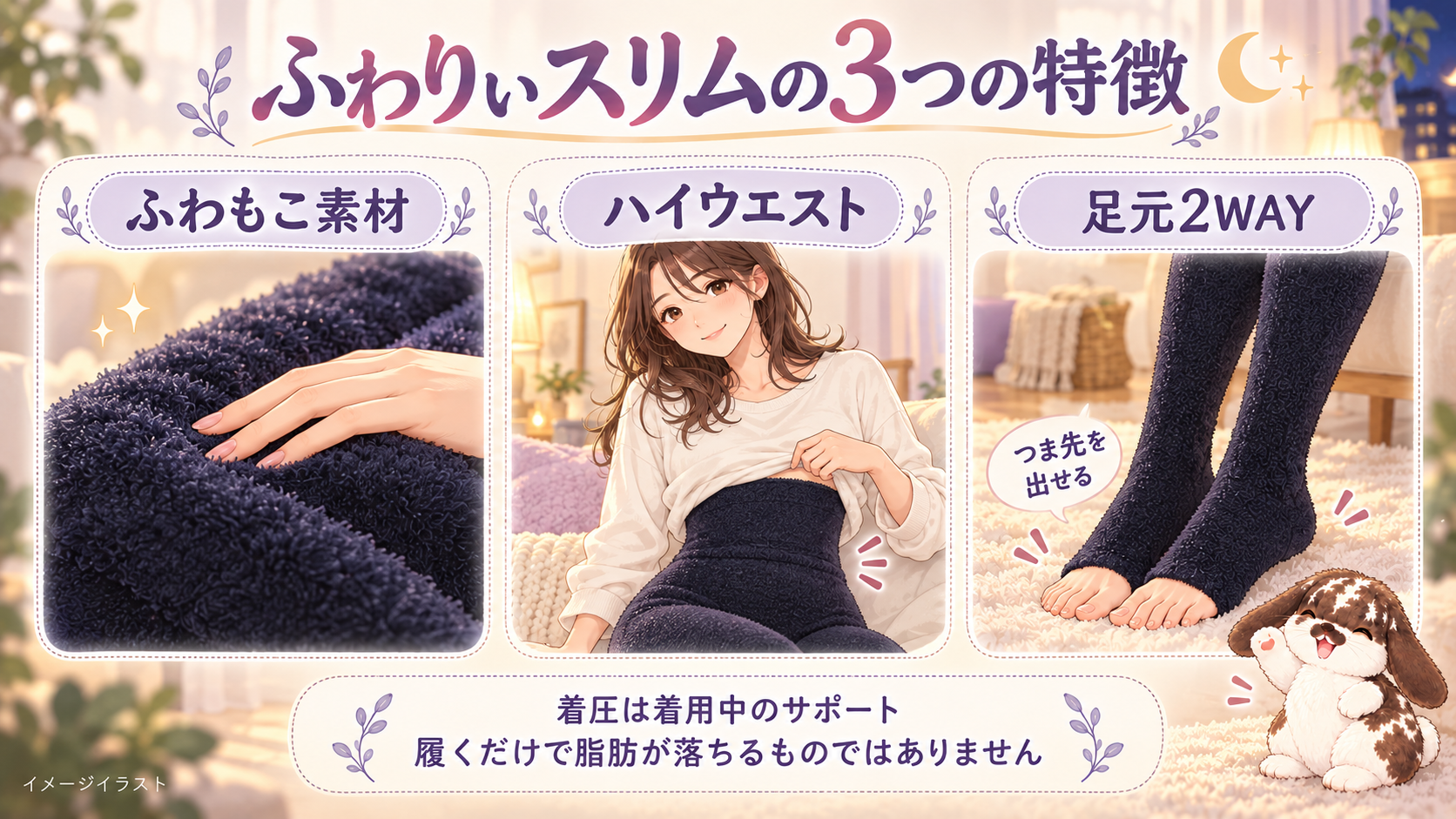 ふわりぃスリムの3つの特徴：暖かさ、やさしい着圧、足元2WAY