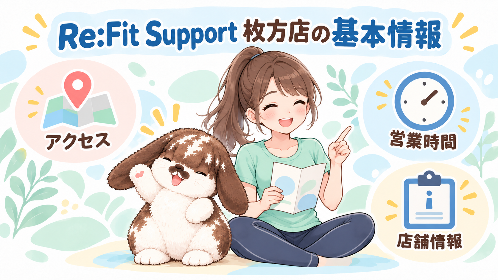 Re:Fit Support枚方店の基本情報。アクセス、営業時間、店舗情報のアイコンと女性・ポテちゃんのイラスト