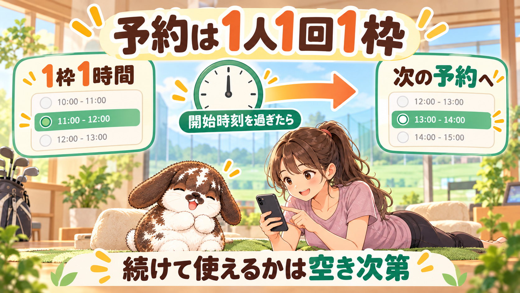 1人1回1枠を予約し利用開始時刻を過ぎてから次の予約へ進む流れ