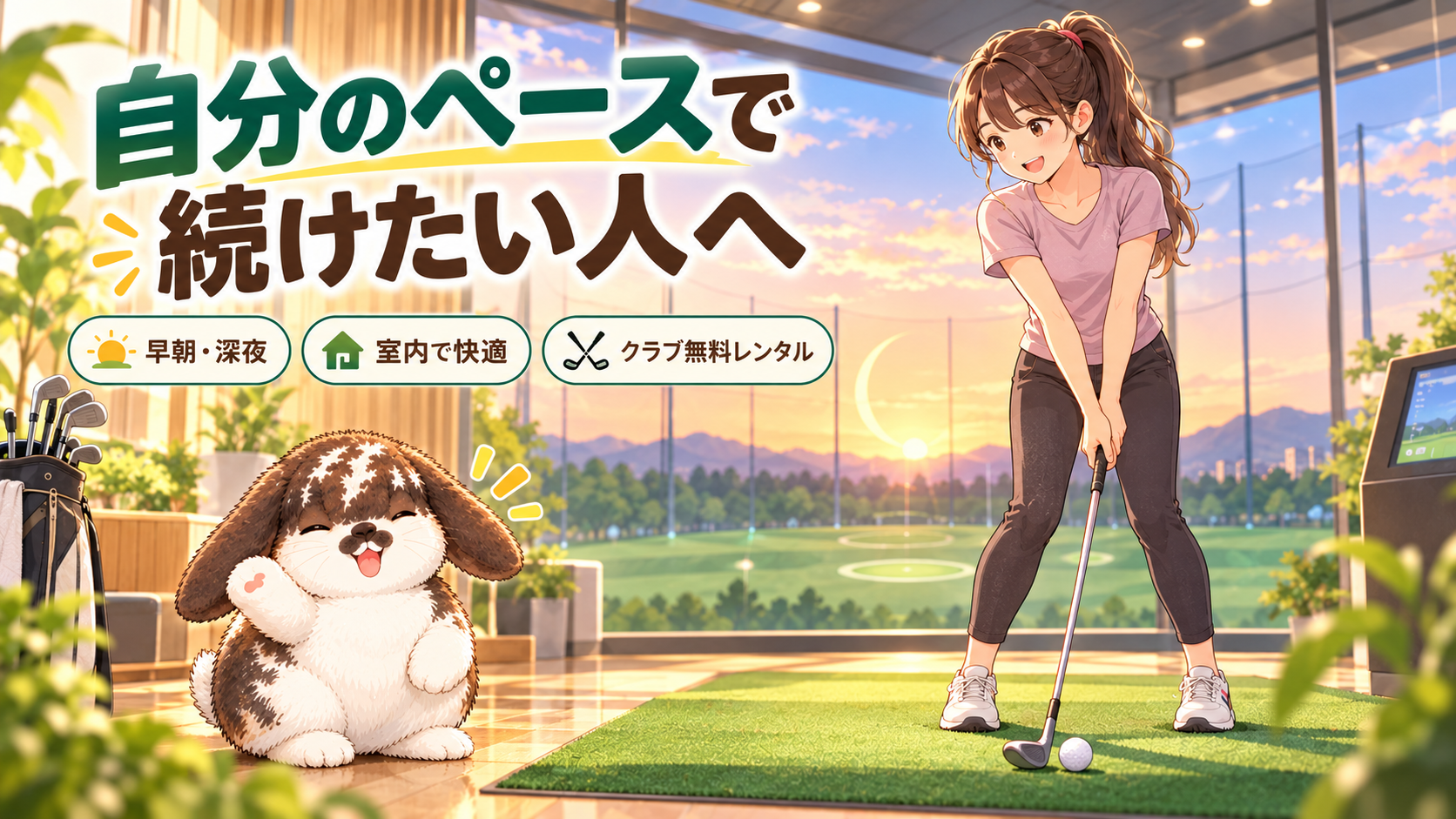 室内で自分のペースに合わせてゴルフ練習をする筋トレ女子とポテちゃん