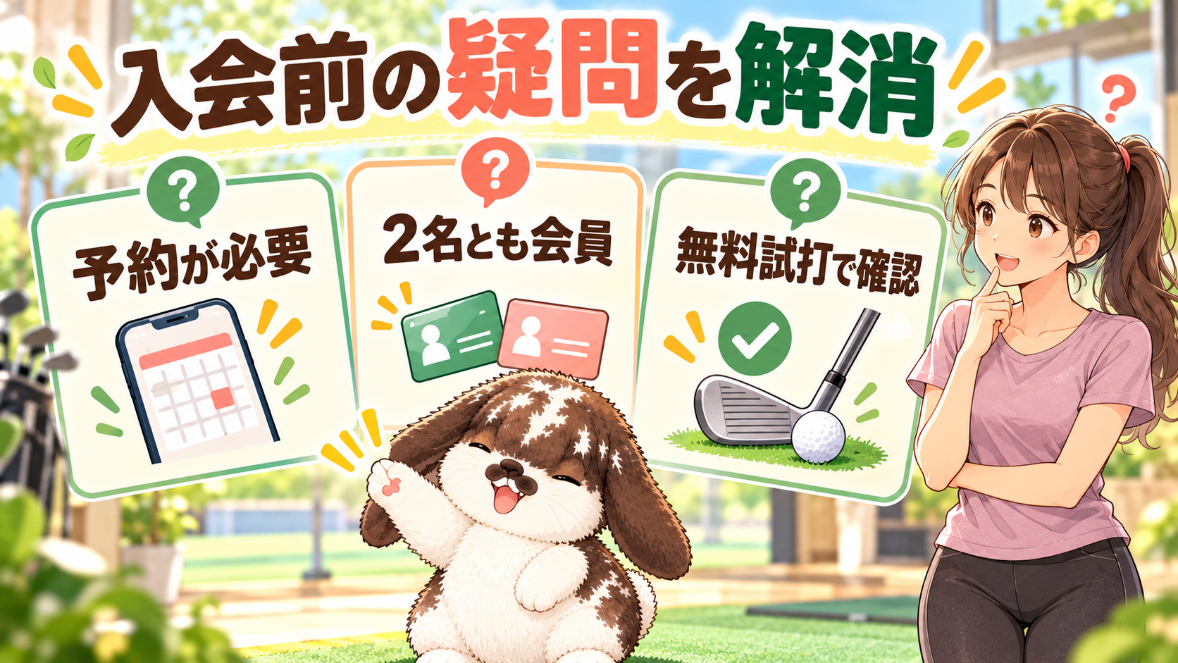 事前予約・2人利用時の会員条件・無料試打の確認事項を示す図解