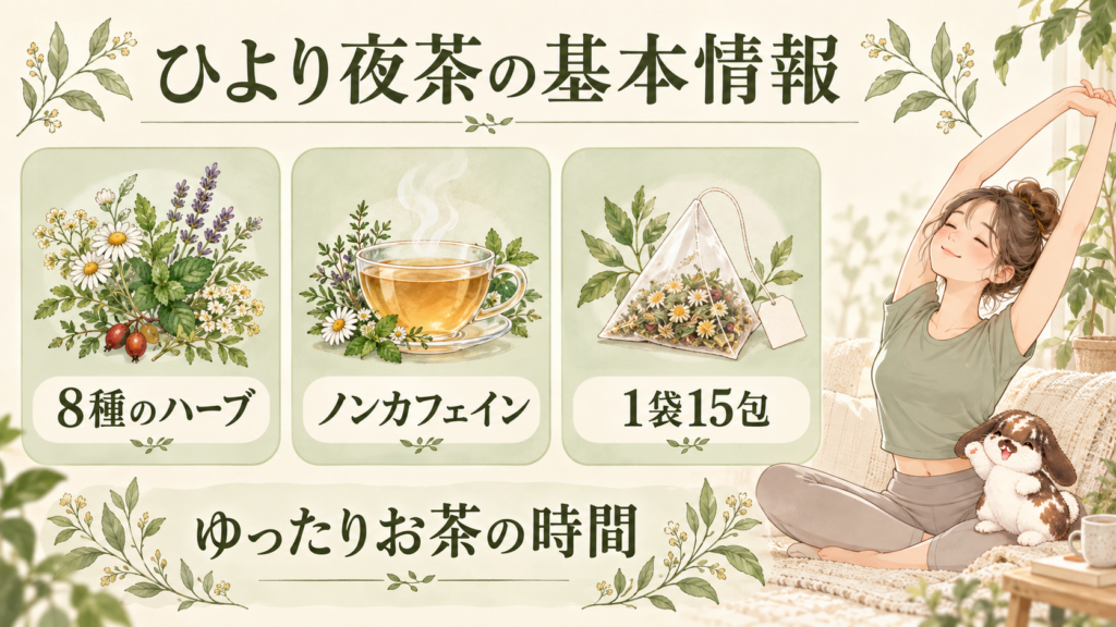 ひより夜茶の8種のハーブ、ノンカフェイン、1袋15包を紹介するピラティス女子とポテちゃん