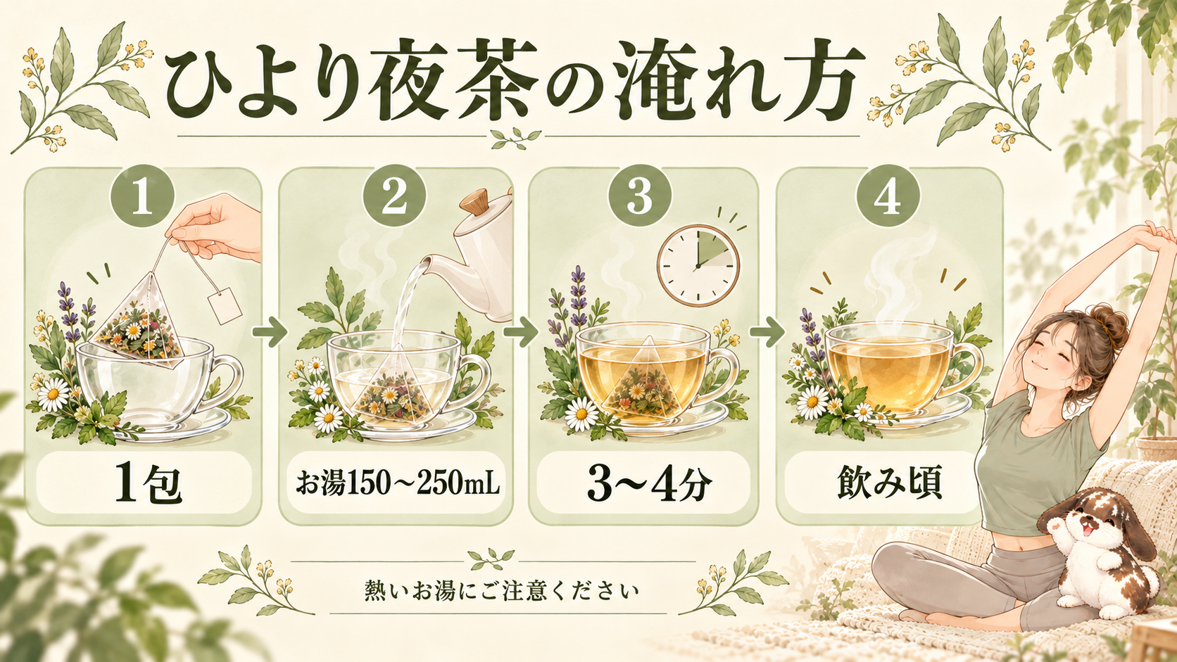 ひより夜茶を1包、熱湯150〜250mLで3〜4分蒸らす淹れ方