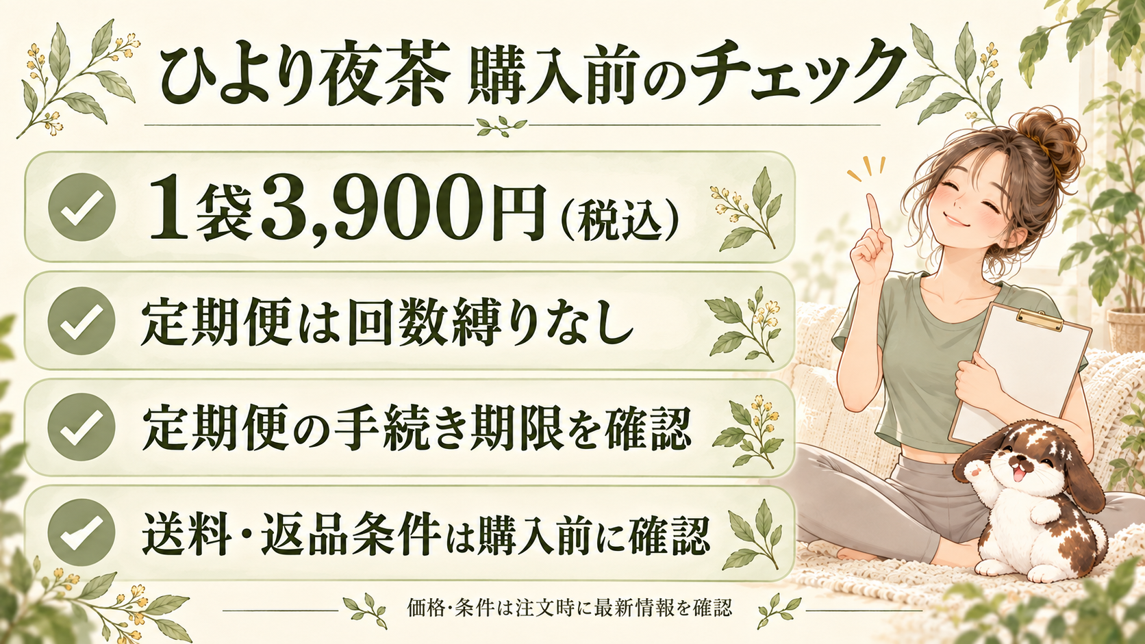 ひより夜茶の購入前に価格と送料、返品条件、定期便の手続き期限を確認するチェックリスト