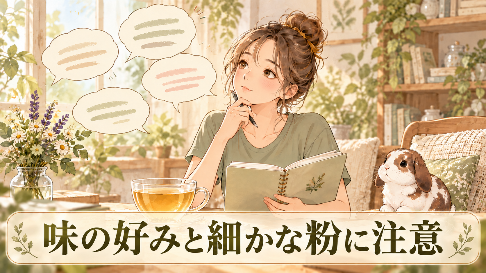 口コミの気になる点をノートで確認するピラティス女子とポテちゃん