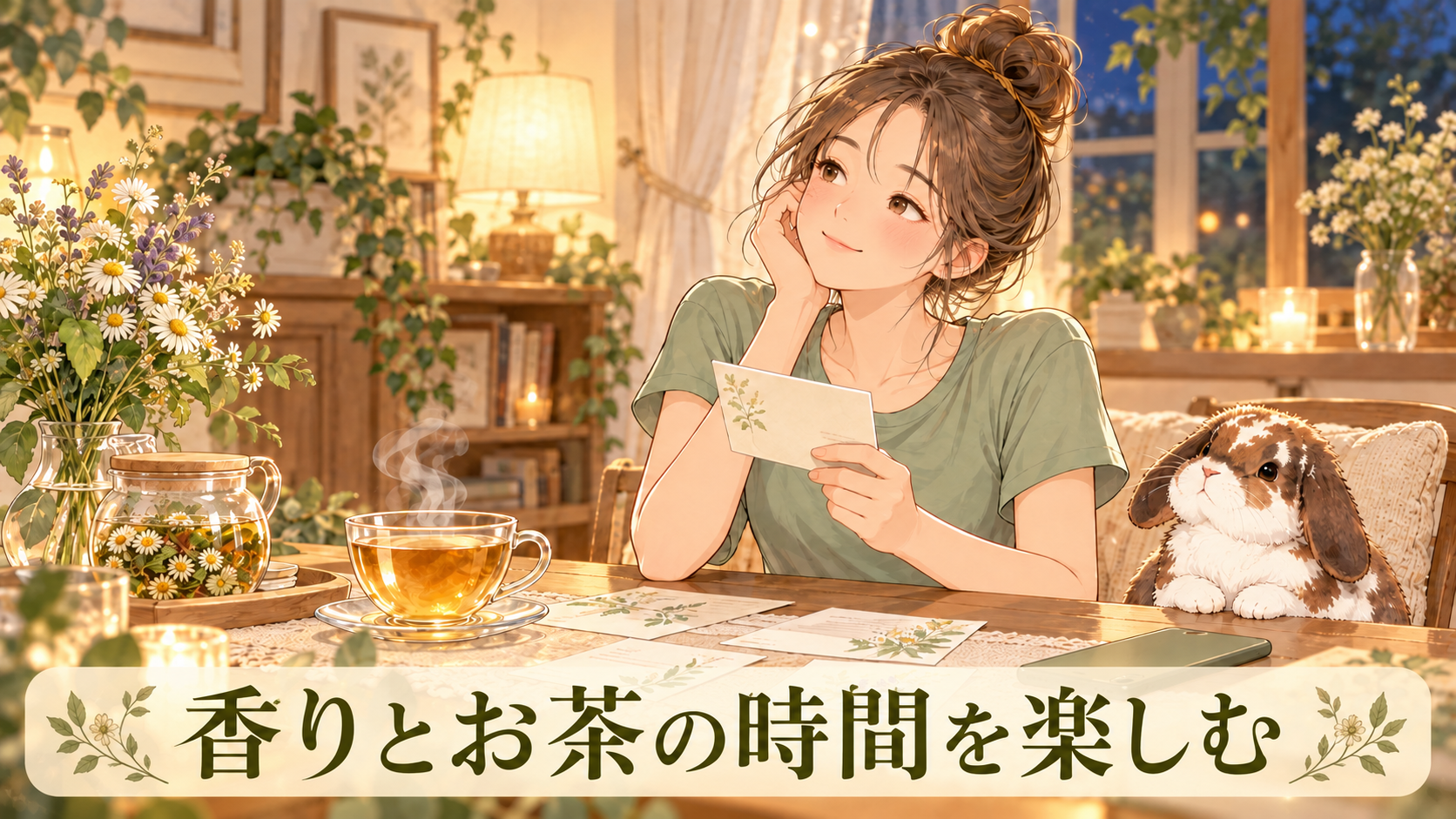 ハーブティーの感想を読み比べるピラティス女子とポテちゃん