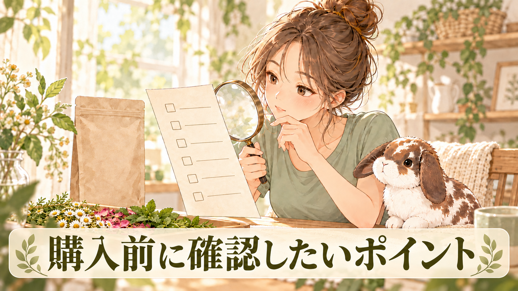 原材料と購入前の確認事項を調べるピラティス女子とポテちゃん