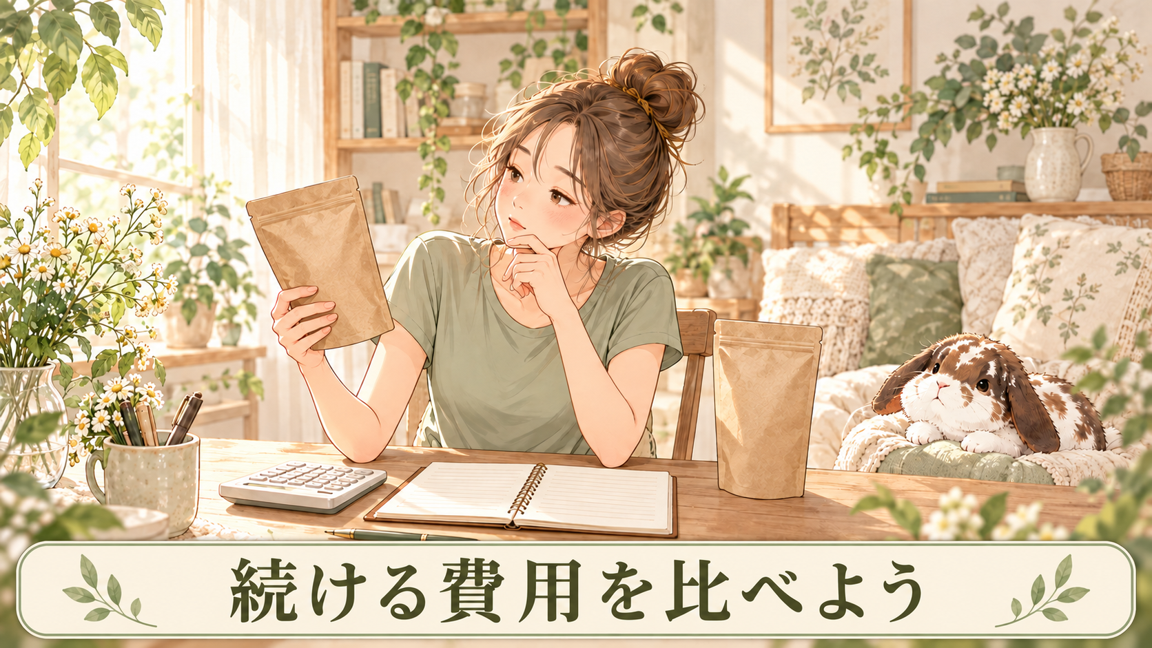 お茶の袋と電卓で購入費用を比べるピラティス女子とポテちゃん