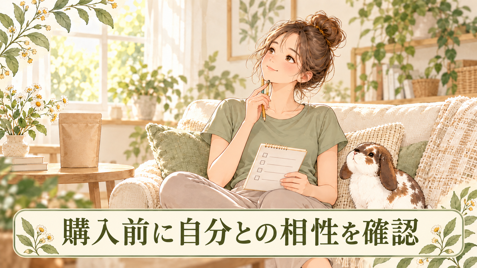 購入条件を見ながら自分に合うか考えるピラティス女子とポテちゃん