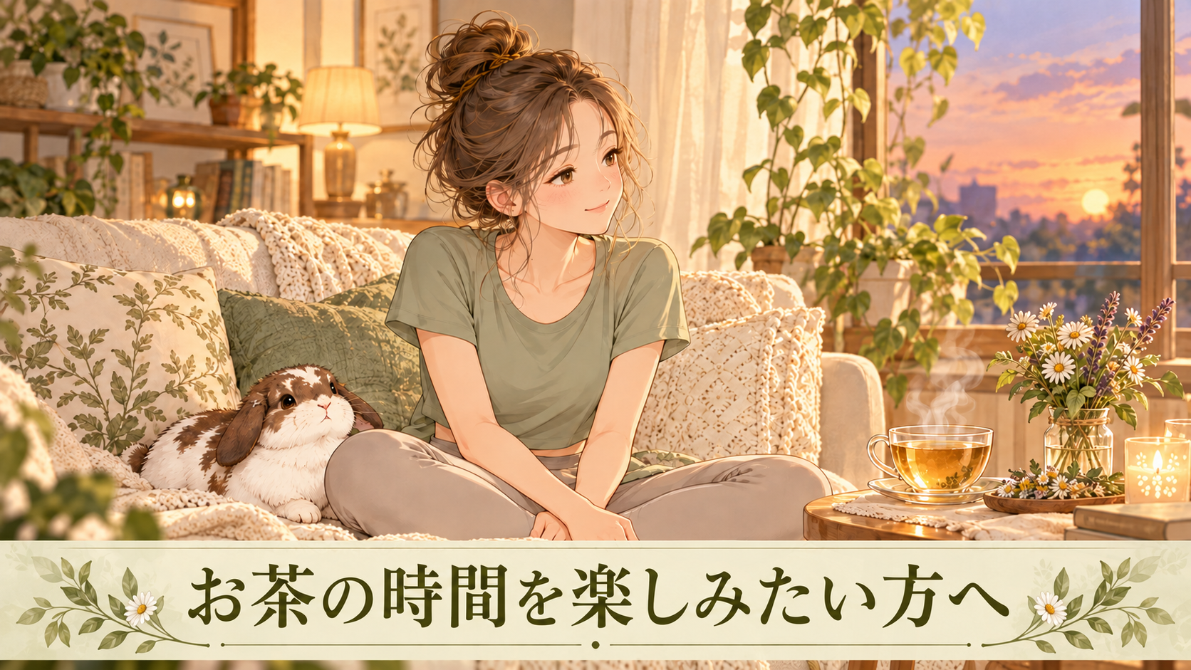 夜のお茶の時間を過ごすピラティス女子とポテちゃん