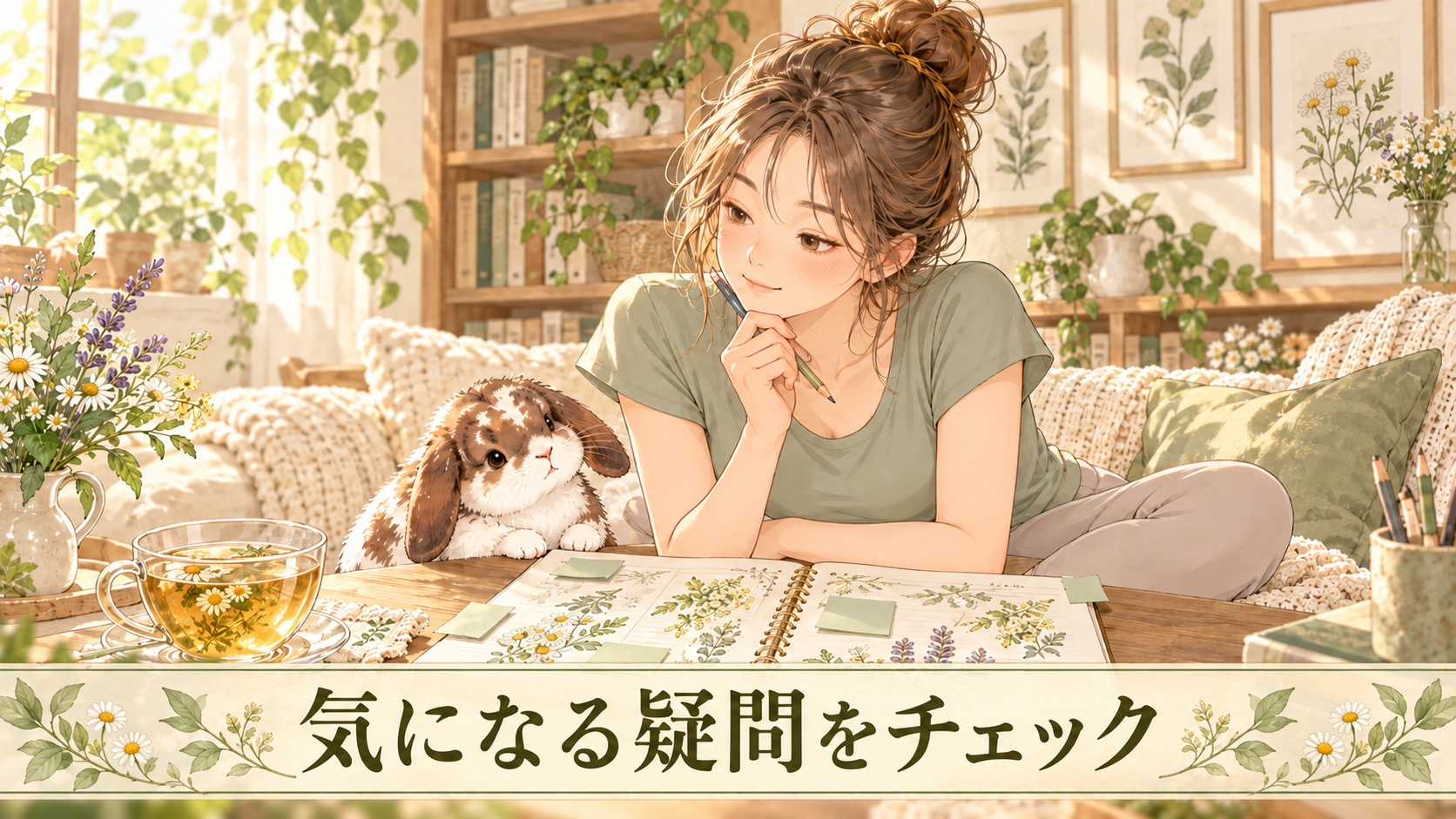 ひより夜茶の疑問をノートで確認するピラティス女子とポテちゃん