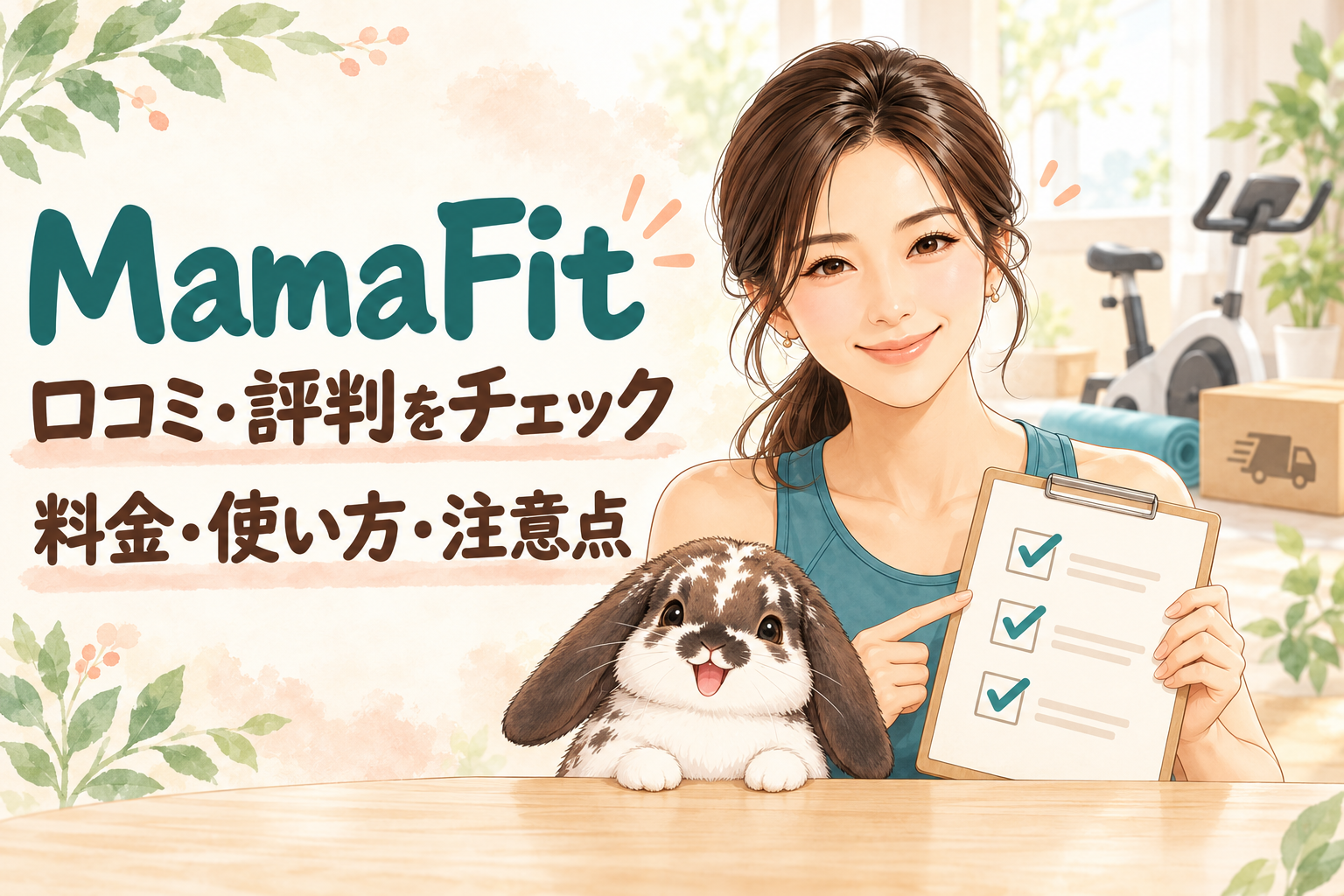 MamaFit（ママフィット）の口コミ・評判、料金・使い方・注意点を解説するアイキャッチ。チェックリストを持つ女性とうさぎのイラスト