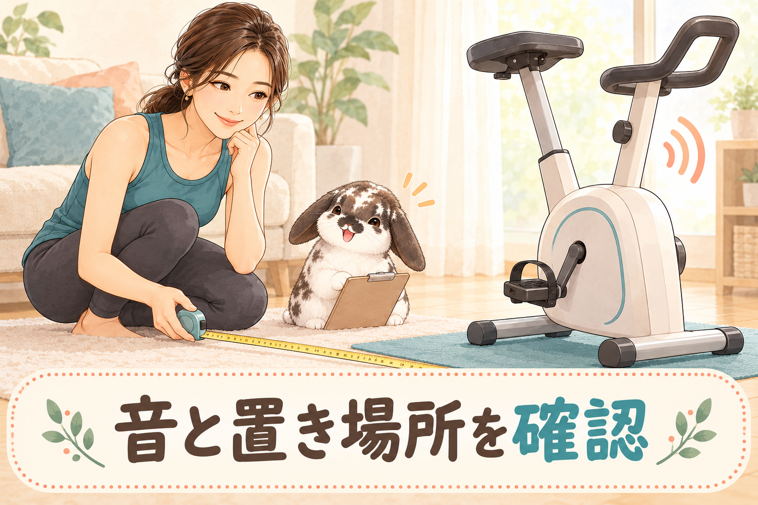 音と置き場所を確認する女性とうさぎ。巻き尺を持ち、近くにフィットネスバイクがあるイラスト