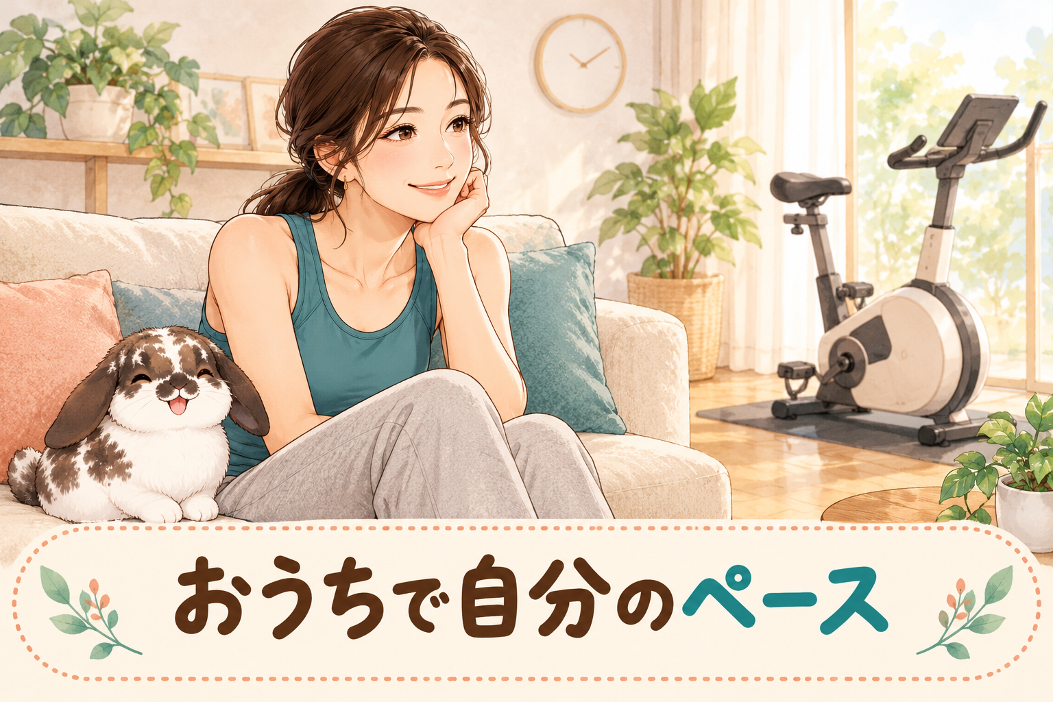 ソファでくつろぎ、おうちで自分のペースで運動を考える女性とうさぎのイラスト