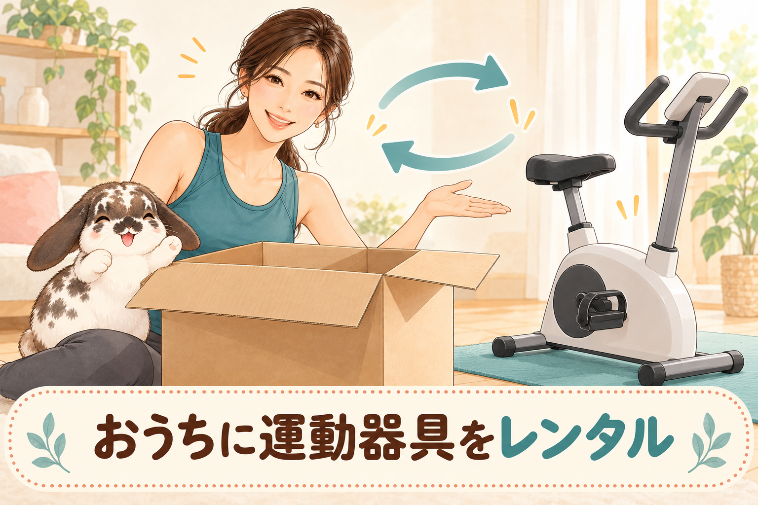 届いた段ボール箱を開け、運動器具のレンタルを紹介する女性とうさぎのイラスト