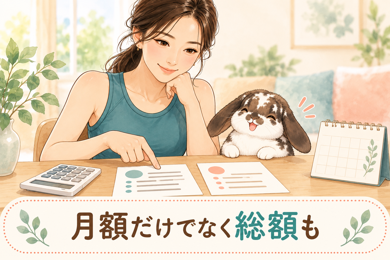 電卓と料金の書類を見比べ、月額だけでなく総額を確認する女性とうさぎのイラスト