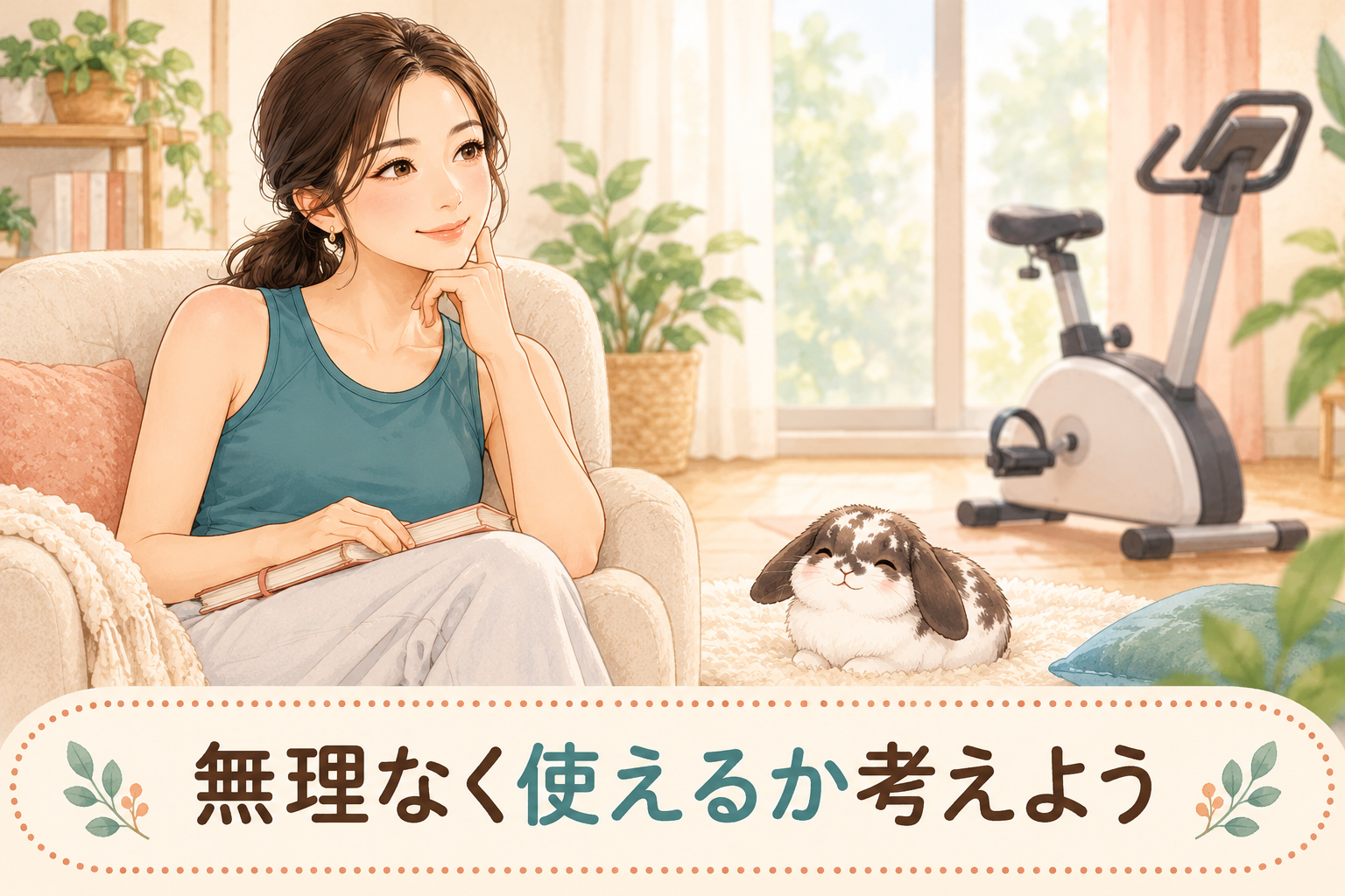 ソファで無理なく使えるかを考える女性とうさぎ。部屋にフィットネスバイクがあるイラスト