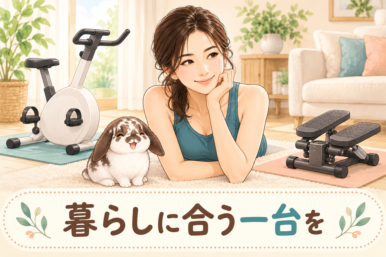 フィットネスバイクとステッパーが並ぶ部屋で、暮らしに合う一台を考える女性とうさぎのイラスト