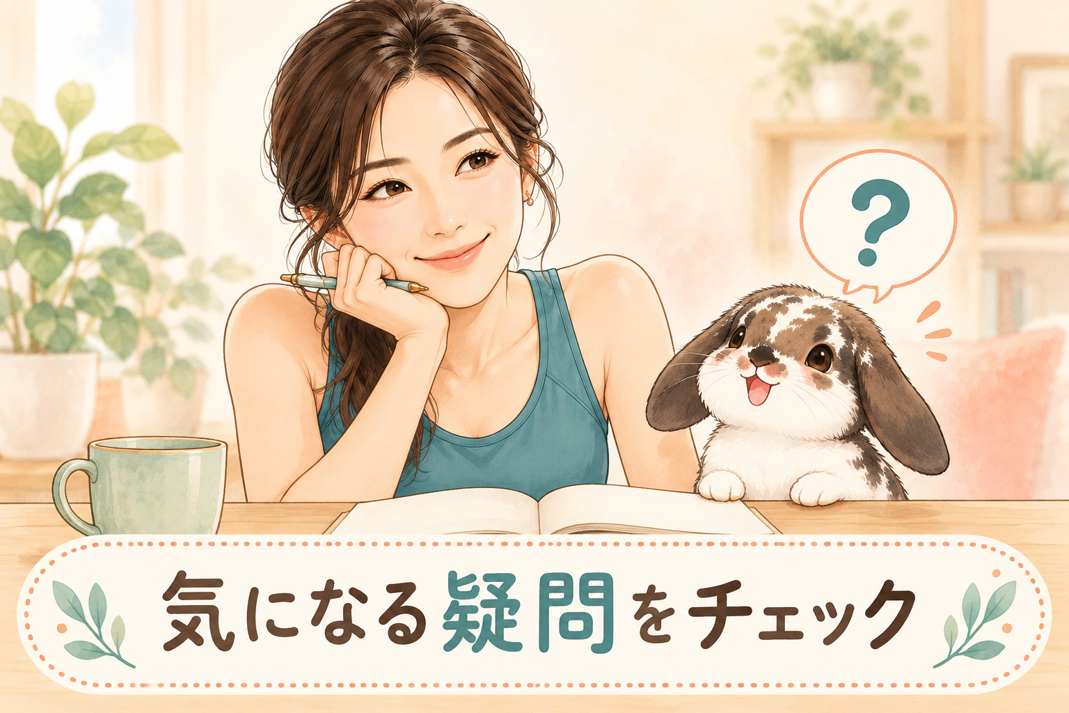 ノートとペンを手に、気になる疑問を整理する女性とうさぎのイラスト