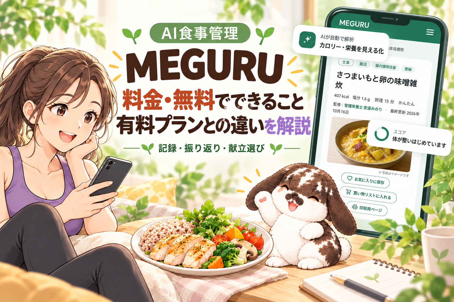 MEGURUの料金・無料でできること・有料プランの違いを紹介する、女性とポテちゃん、食事とスマートフォンのイラスト。