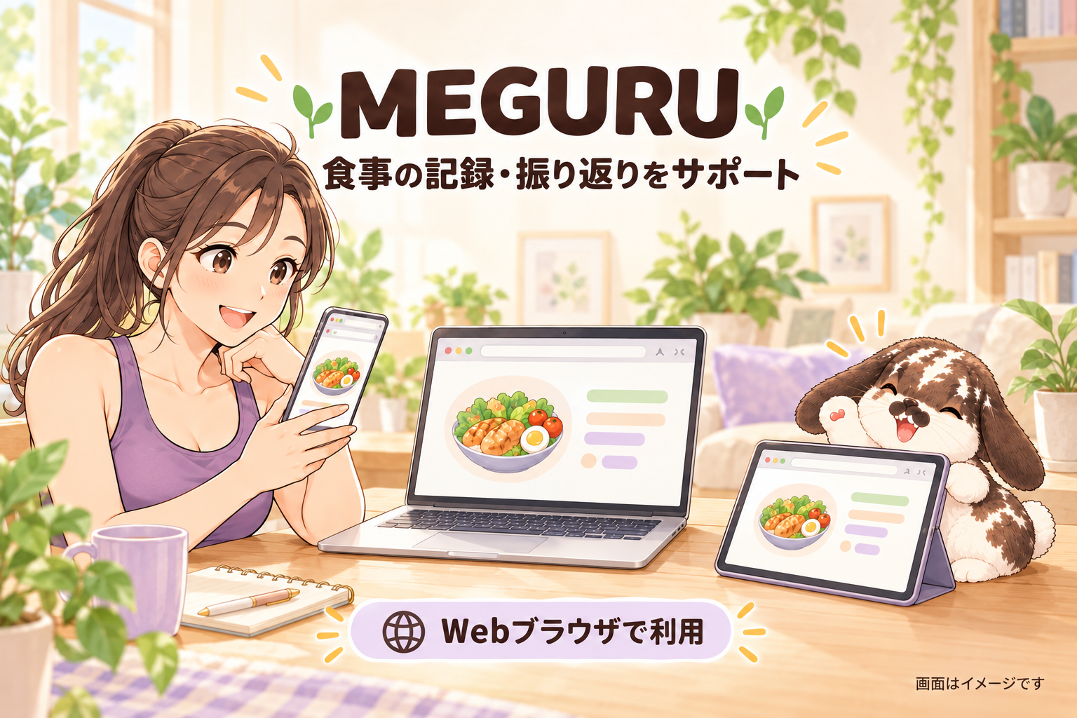 スマートフォン・パソコン・タブレットのWebブラウザでMEGURUの食事記録を利用するイメージ。