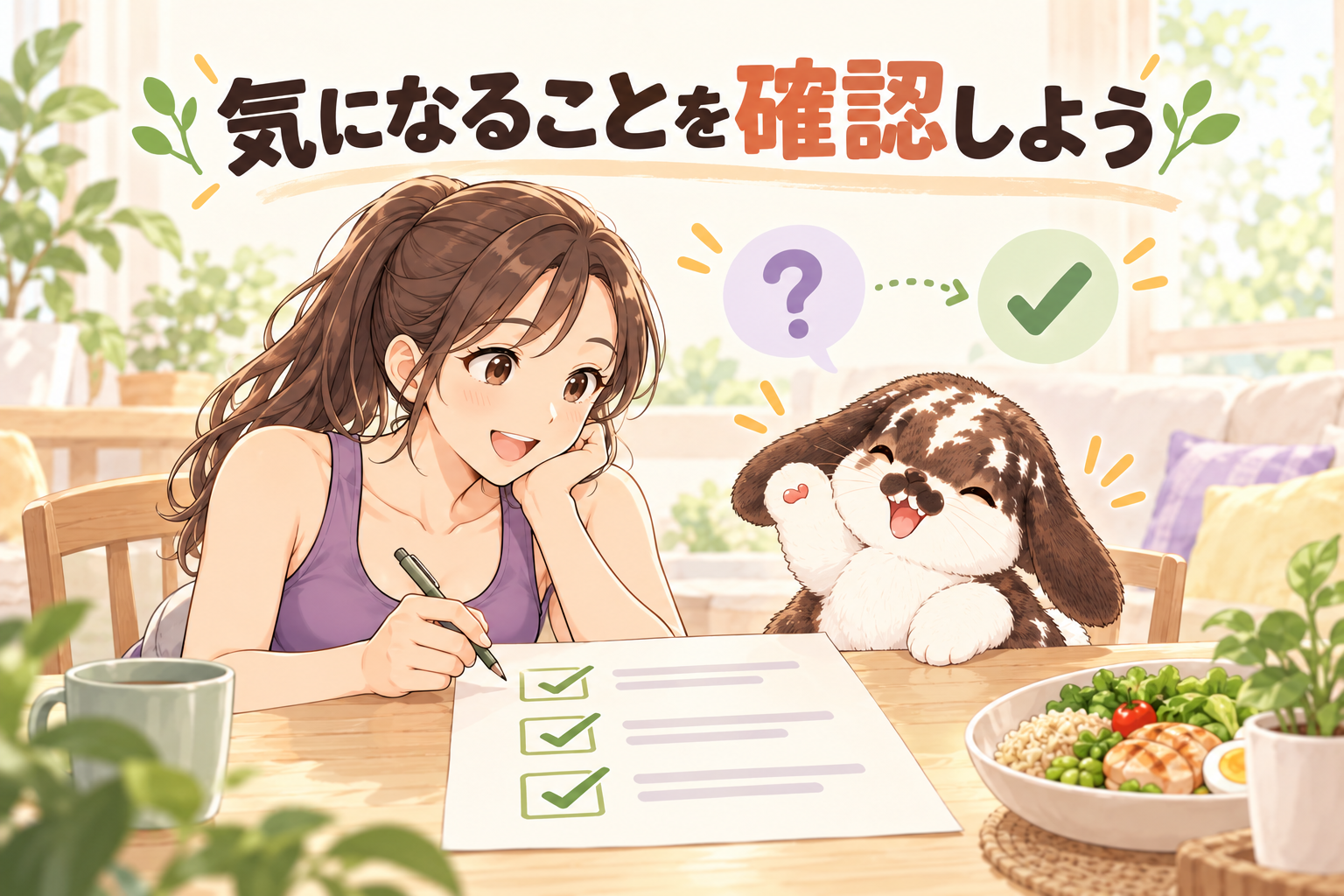 MEGURUで気になることを、筋トレ女子とポテちゃんがチェックリストで確認するイメージ。