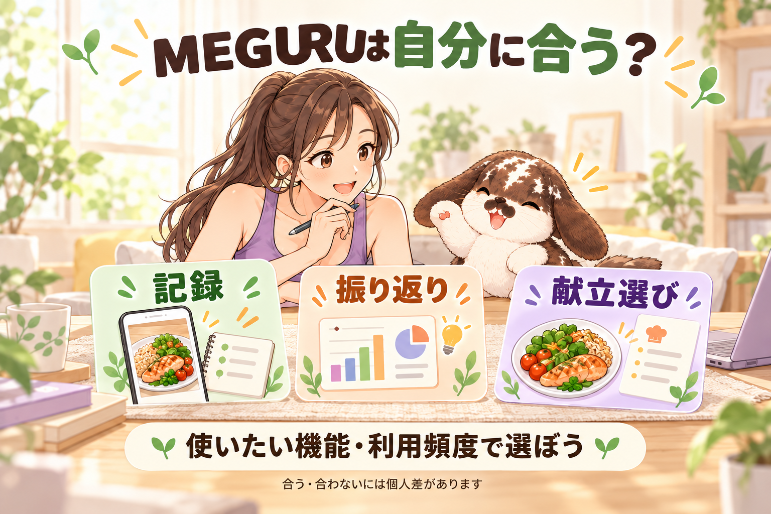 MEGURUの記録・振り返り・献立選びを、使いたい機能と利用頻度で検討するイメージ。