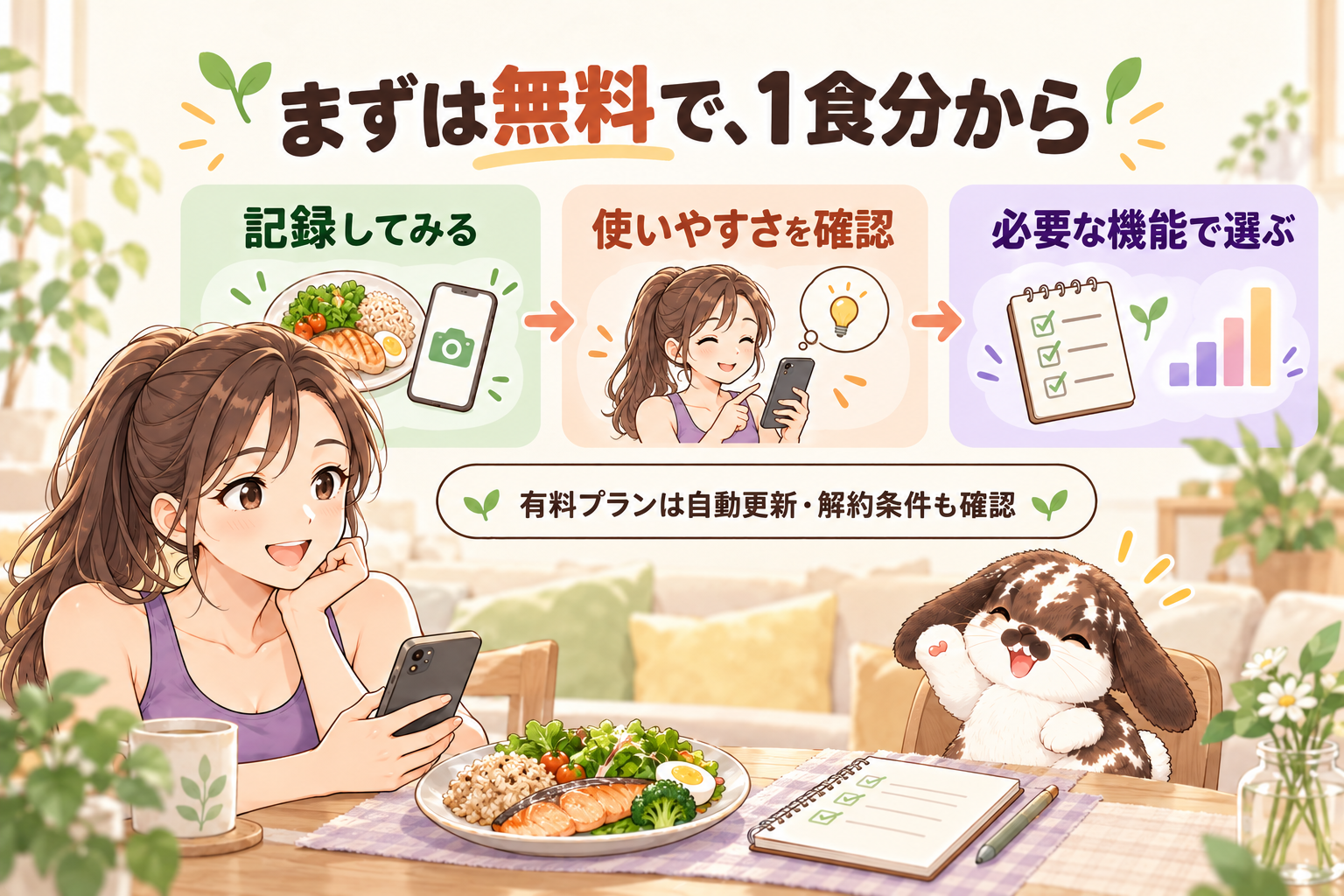 MEGURUを無料で1食分記録し、使いやすさと必要な機能を確認してプランを選ぶ流れ。有料は自動更新・解約条件も確認。