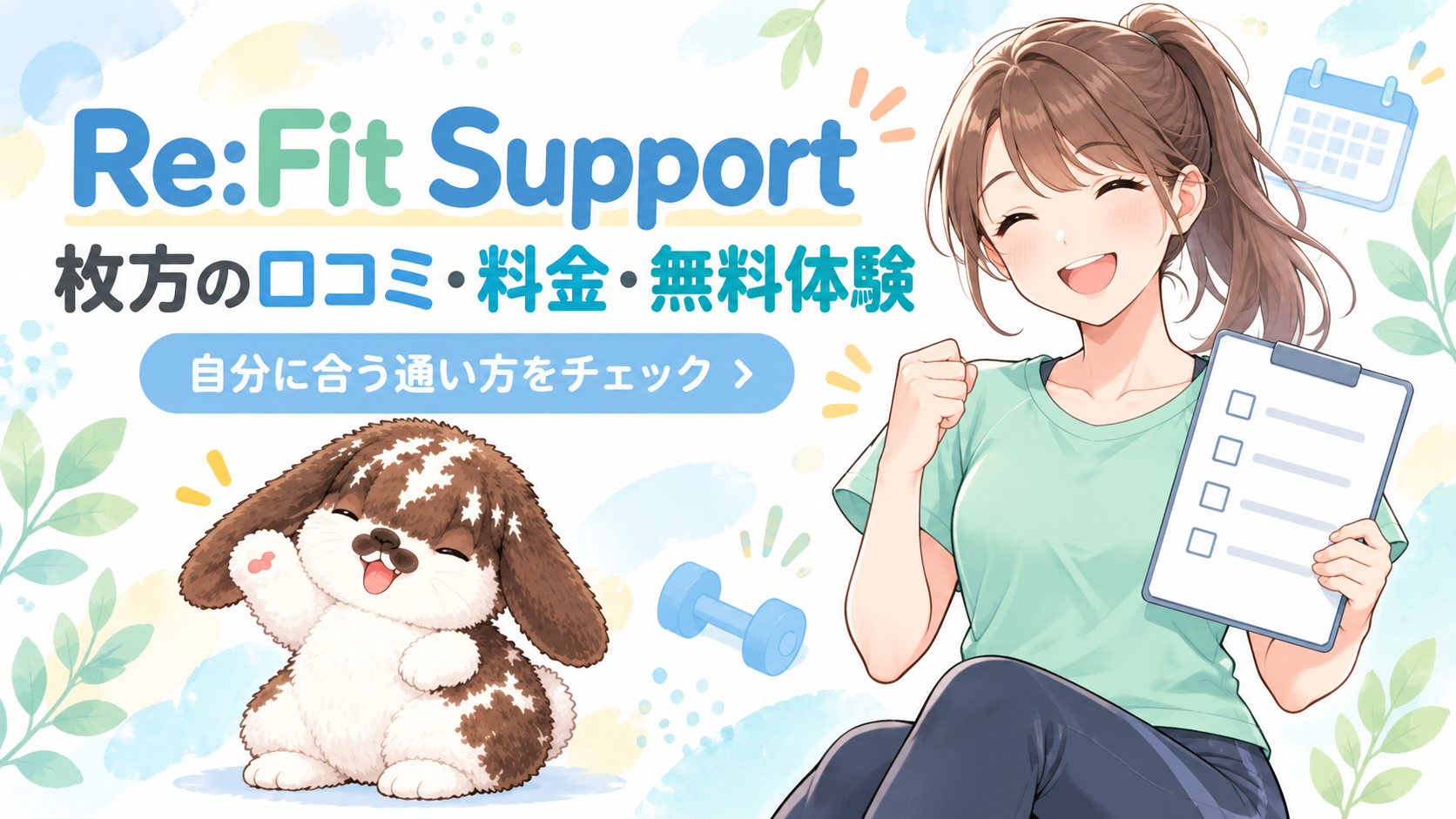 Re:Fit Support枚方の口コミ・料金・無料体験を紹介する、筋トレ女子とポテちゃんのイラスト