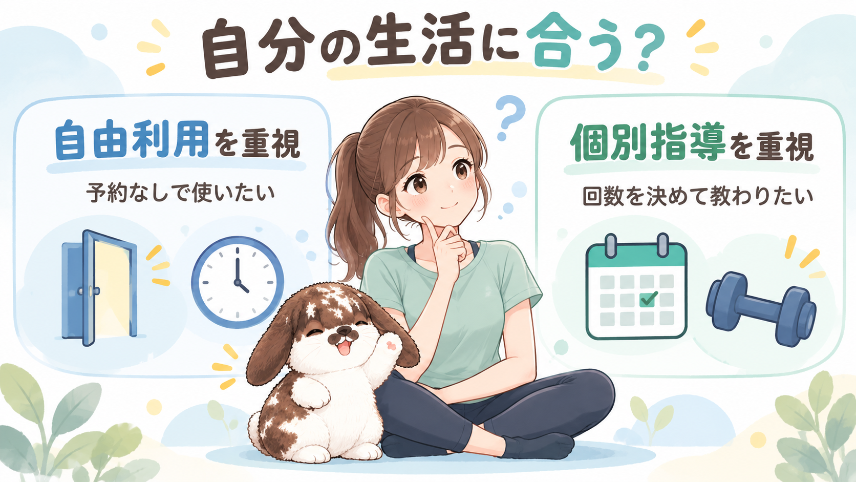 予約なしの自由利用を重視するか、回数を決めた個別指導を重視するか、自分の生活に合う通い方を比較