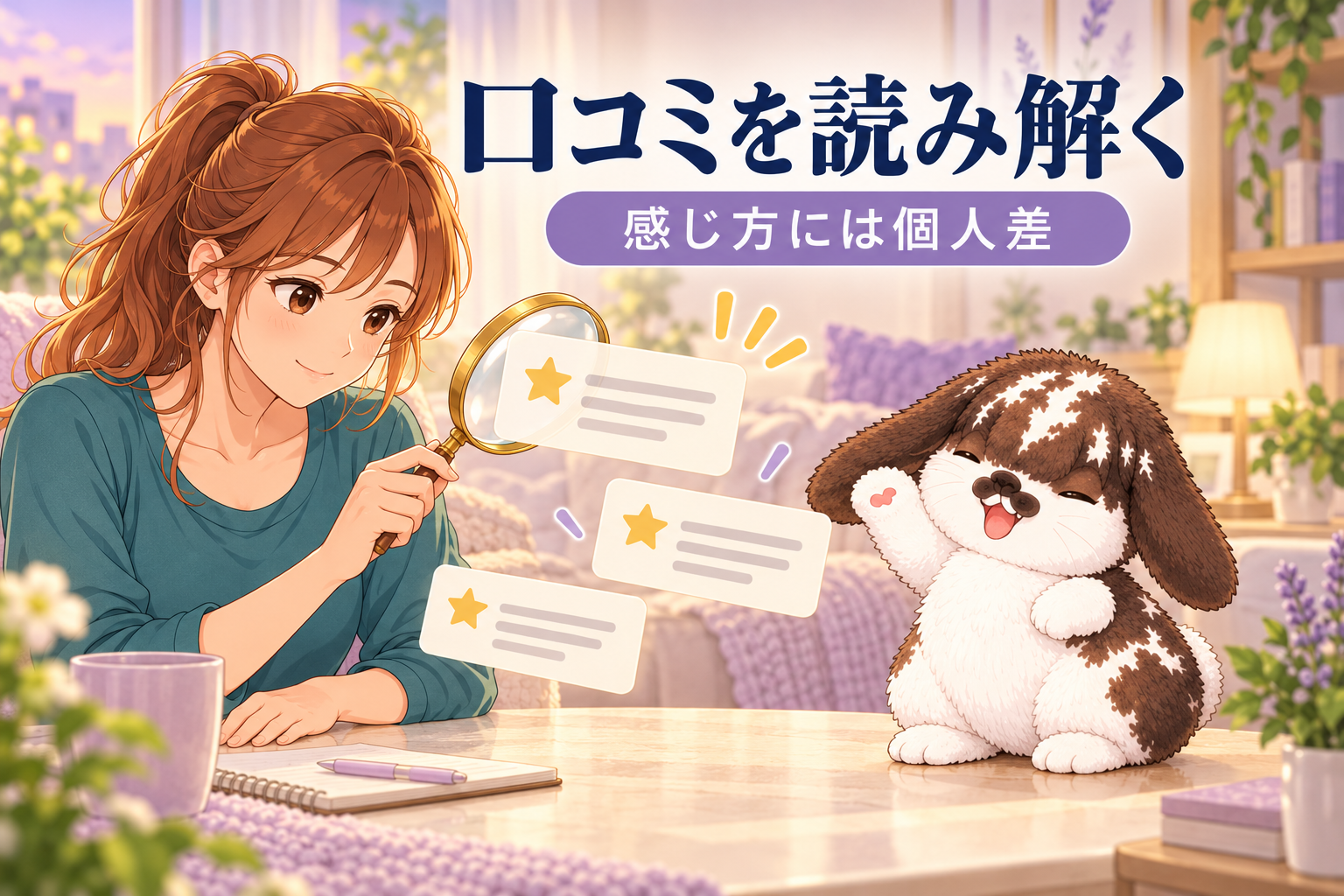 口コミの感じ方には個人差があることを確認する女子とポテちゃん